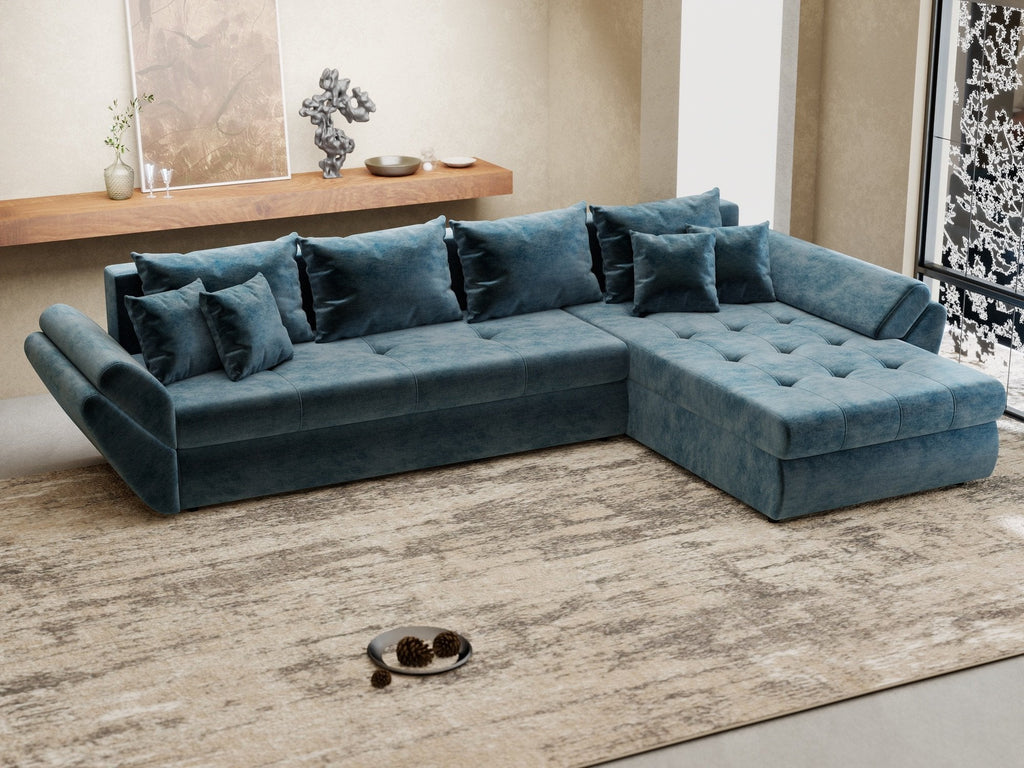 Colțar extensibil dumonde cu ladă de depozitare si sezut confortabil din spuma high-density, Loana XL Monolith Albastru II 335x185 cm