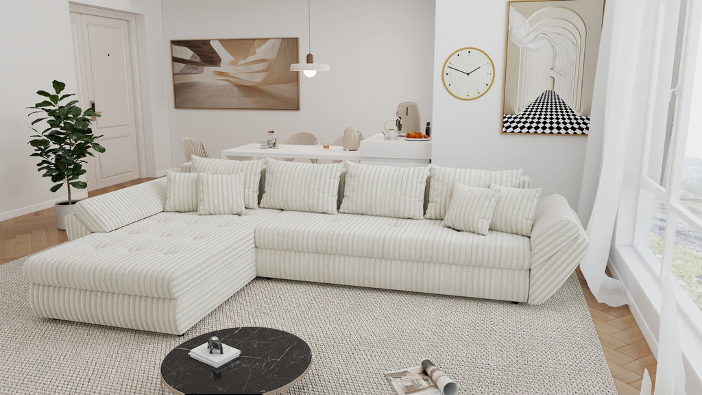 Colțar extensibil dumonde cu ladă de depozitare si sezut confortabil din spuma high-density, Loana XL Tilia Bej 01 335x185 cm