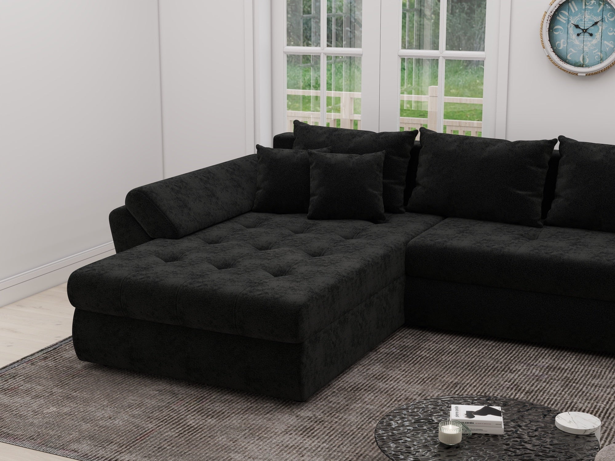 Colțar extensibil dumonde cu ladă de depozitare si sezut confortabil din spuma high-density, Loana XL Monte Negru 335x185 cm
