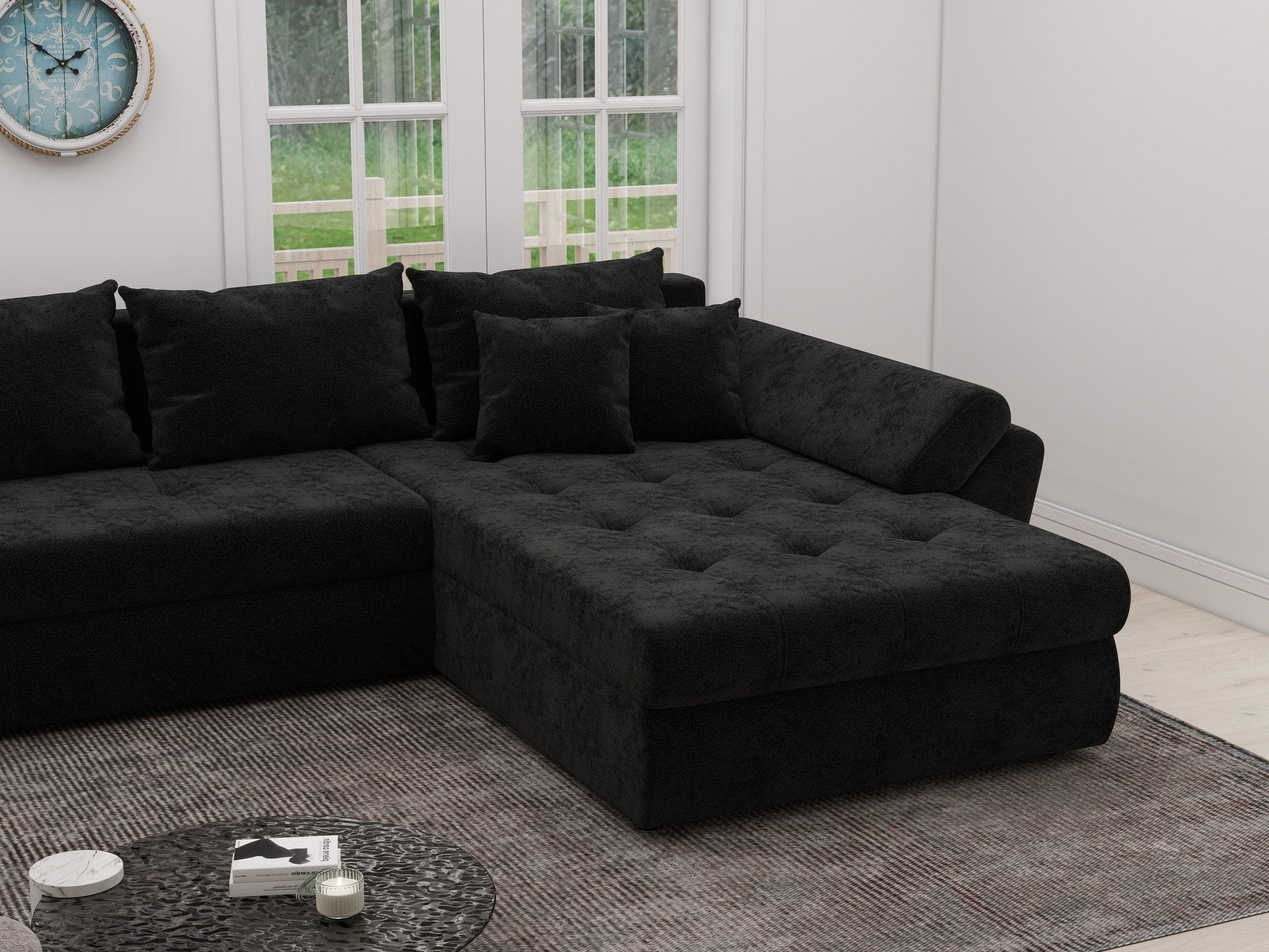 Colțar extensibil dumonde cu ladă de depozitare si sezut confortabil din spuma high-density, Loana XL Monte Negru II 335x185 cm