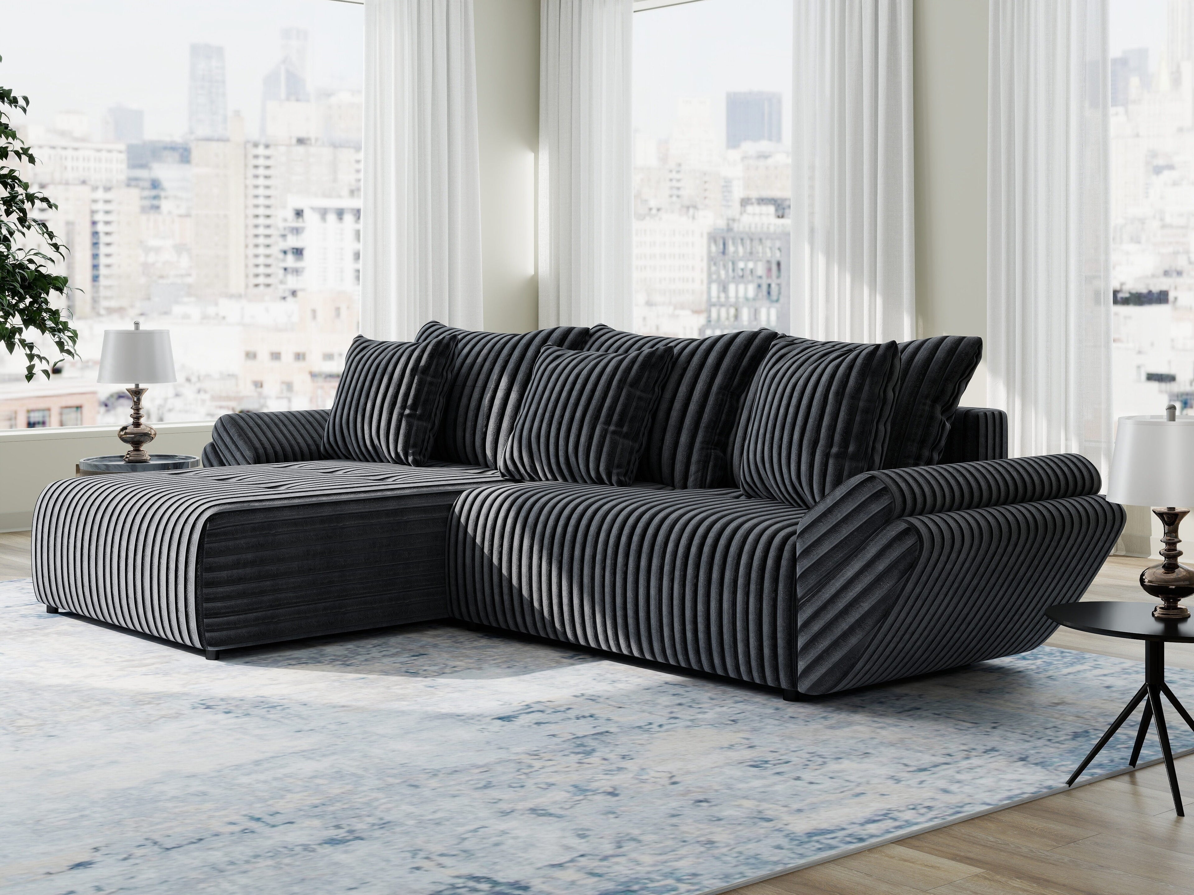 Colțar extensibil dumonde cu ladă de depozitare si sezut confortabil din spuma high-density, Berlin Ambience Gri 280x185 cm