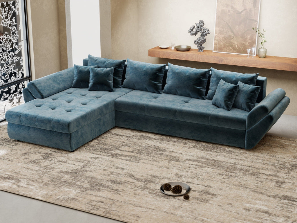 Colțar extensibil dumonde cu ladă de depozitare si sezut confortabil din spuma high-density, Loana XL Monolith Albastru 335x185 cm