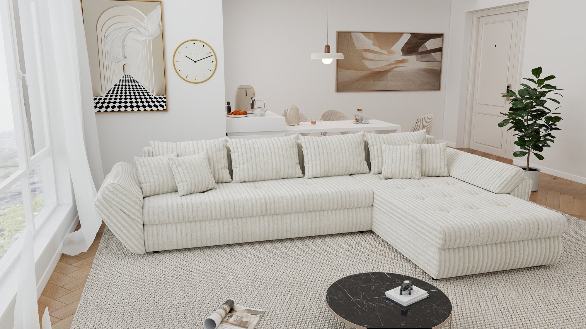 Colțar extensibil dumonde cu ladă de depozitare si sezut confortabil din spuma high-density, Loana XL Tilia Bej 01 II 335x185 cm