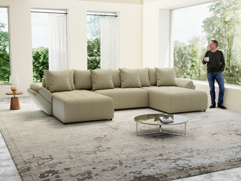 Colțar extensibil dumonde cu ladă de depozitare si sezut confortabil din spuma high-density, Berlin U Enjoy Camel 380x180 cm