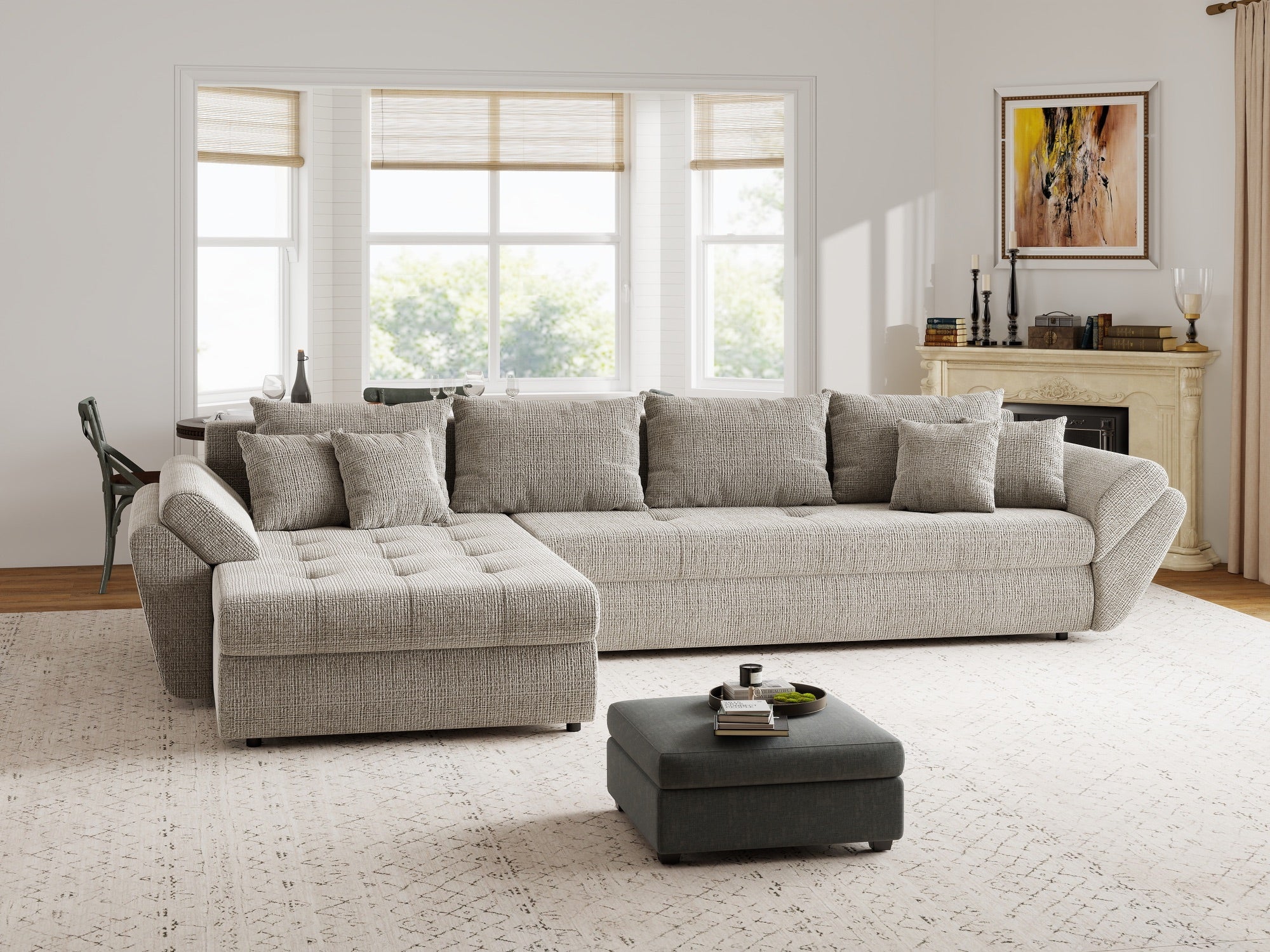 Colțar extensibil dumonde cu ladă de depozitare si sezut confortabil din spuma high-density, Loana XL Cremona Bej 14 335x185 cm