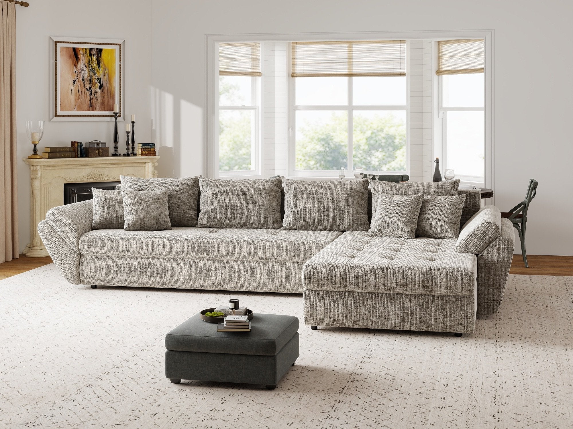 Colțar extensibil dumonde cu ladă de depozitare si sezut confortabil din spuma high-density, Loana XL Cremona Bej 14 II 335x185 cm