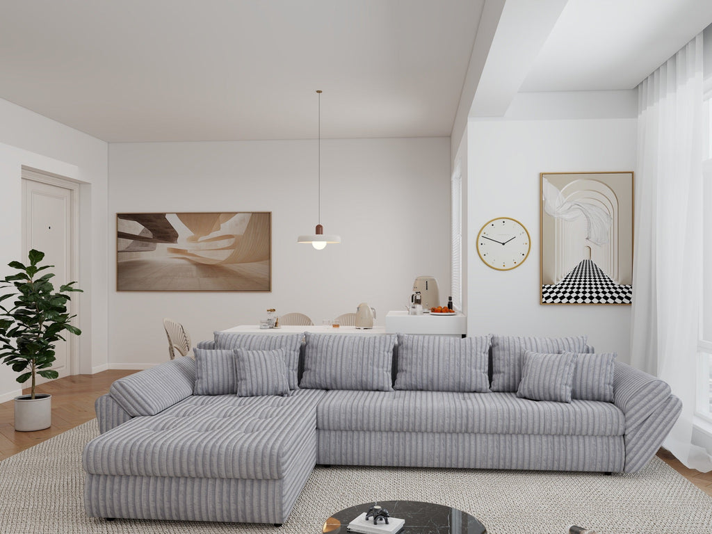 Colțar extensibil dumonde cu ladă de depozitare si sezut confortabil din spuma high-density, Loana XL Tilia Gri 86 335x185 cm