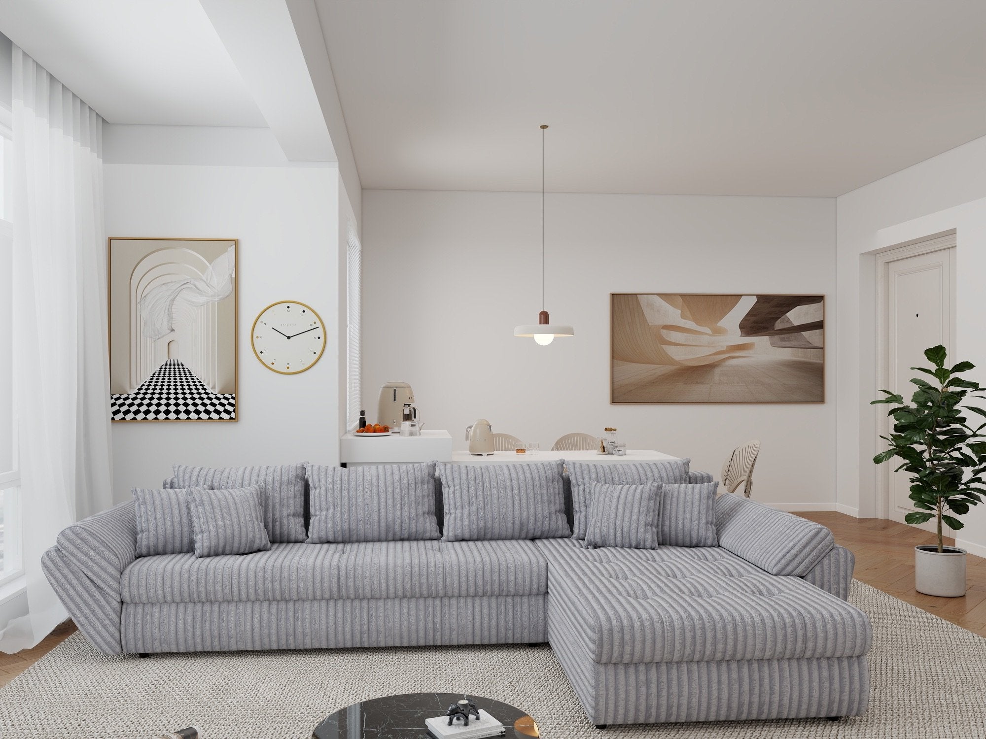 Colțar extensibil dumonde cu ladă de depozitare si sezut confortabil din spuma high-density, Loana XL Tilia Gri 86 II 335x185 cm