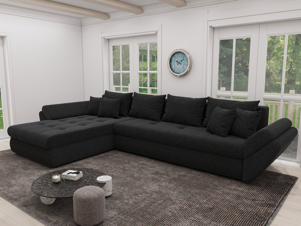 Colțar extensibil dumonde cu ladă de depozitare si sezut confortabil din spuma high-density, Loana XL Quelle Negru 335x185 cm