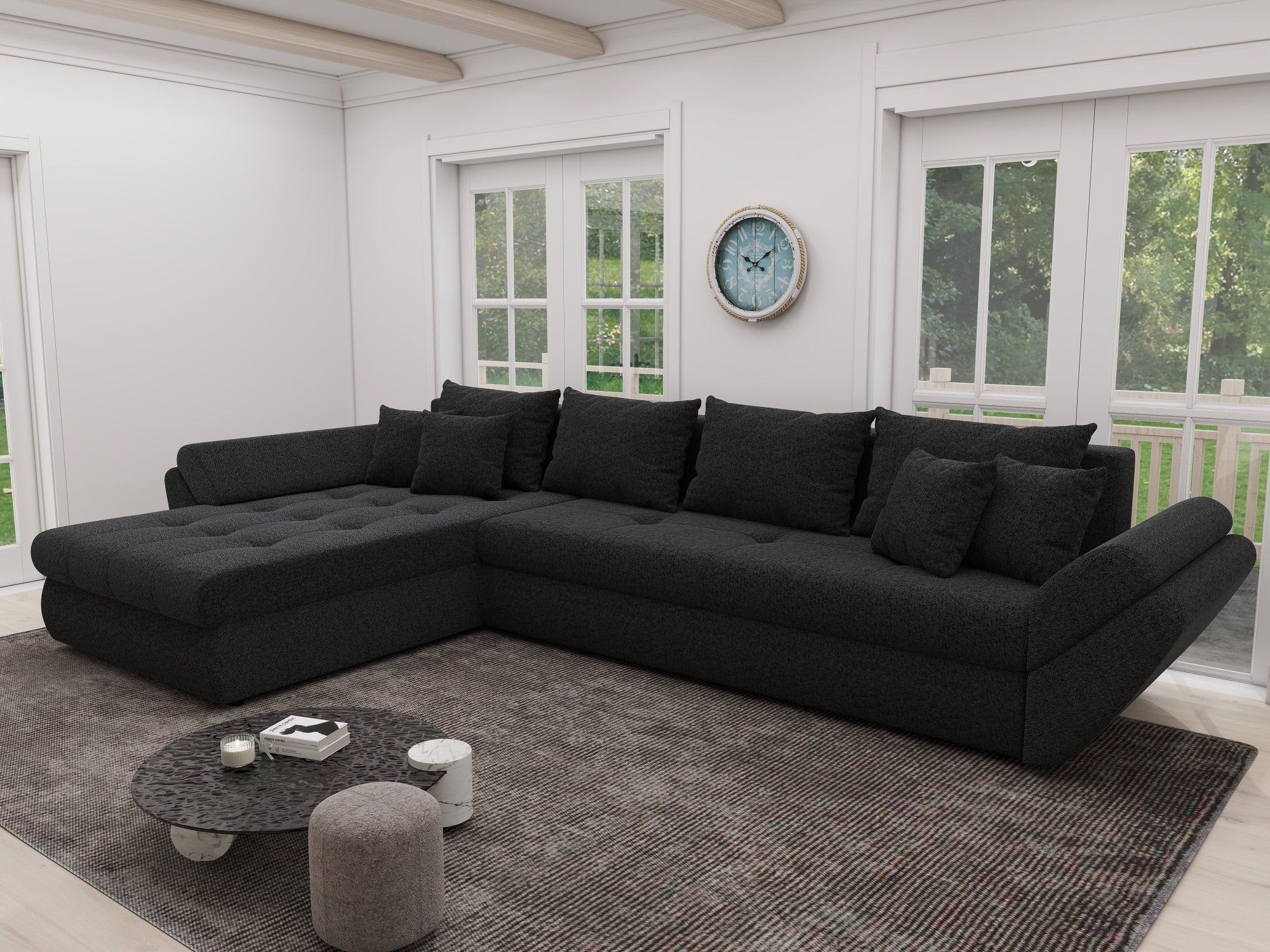 Colțar extensibil dumonde cu ladă de depozitare si sezut confortabil din spuma high-density, Loana XL Quelle Negru 335x185 cm