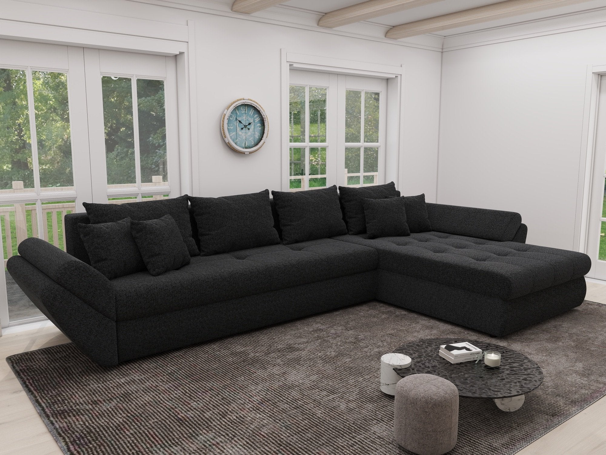 Colțar extensibil dumonde cu ladă de depozitare si sezut confortabil din spuma high-density, Loana XL Quelle Negru II 335x185 cm