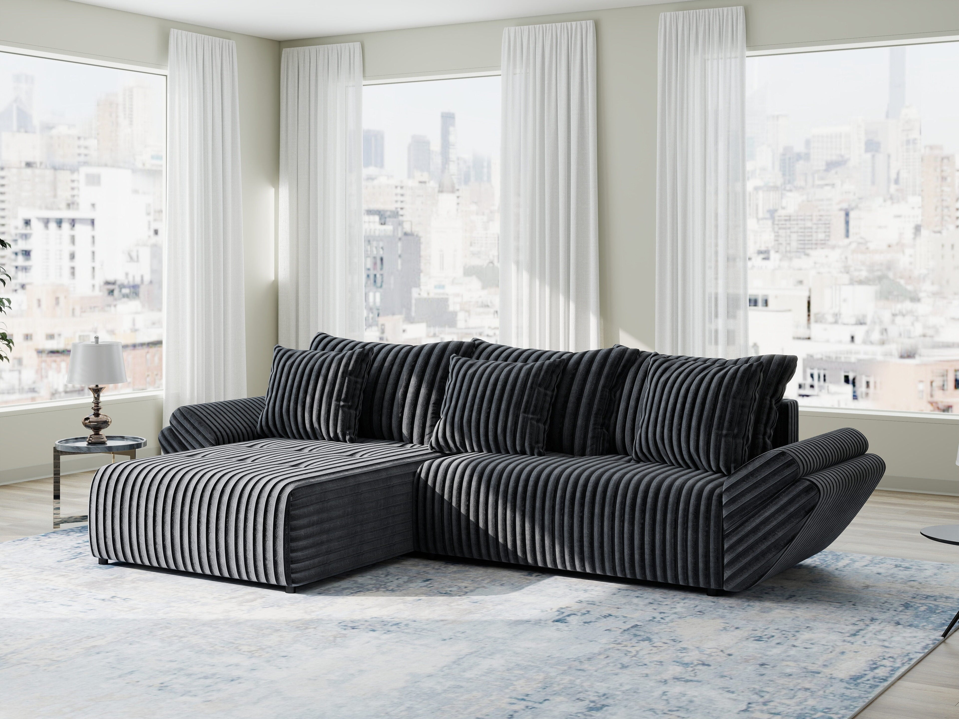 Colțar extensibil dumonde cu ladă de depozitare si sezut confortabil din spuma high-density, Berlin Ambience Gri 280x185 cm