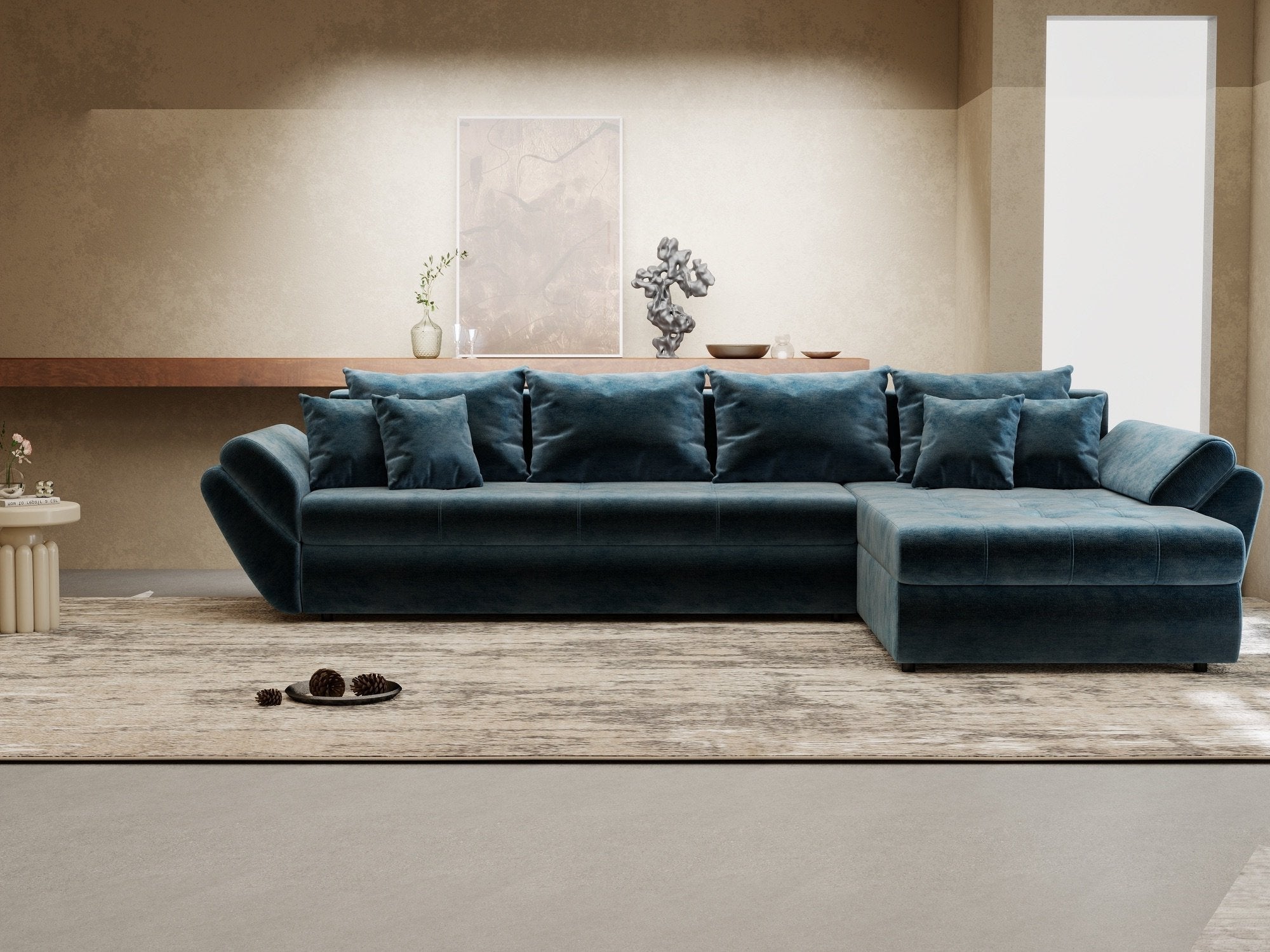 Colțar extensibil dumonde cu ladă de depozitare si sezut confortabil din spuma high-density, Loana XL Monolith Albastru II 335x185 cm