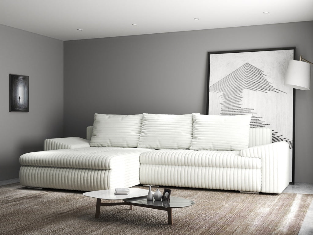 Colțar extensibil dumonde cu ladă de depozitare si sezut confortabil din spuma high-density, Leonardo Ambience Ivory 260x185 cm