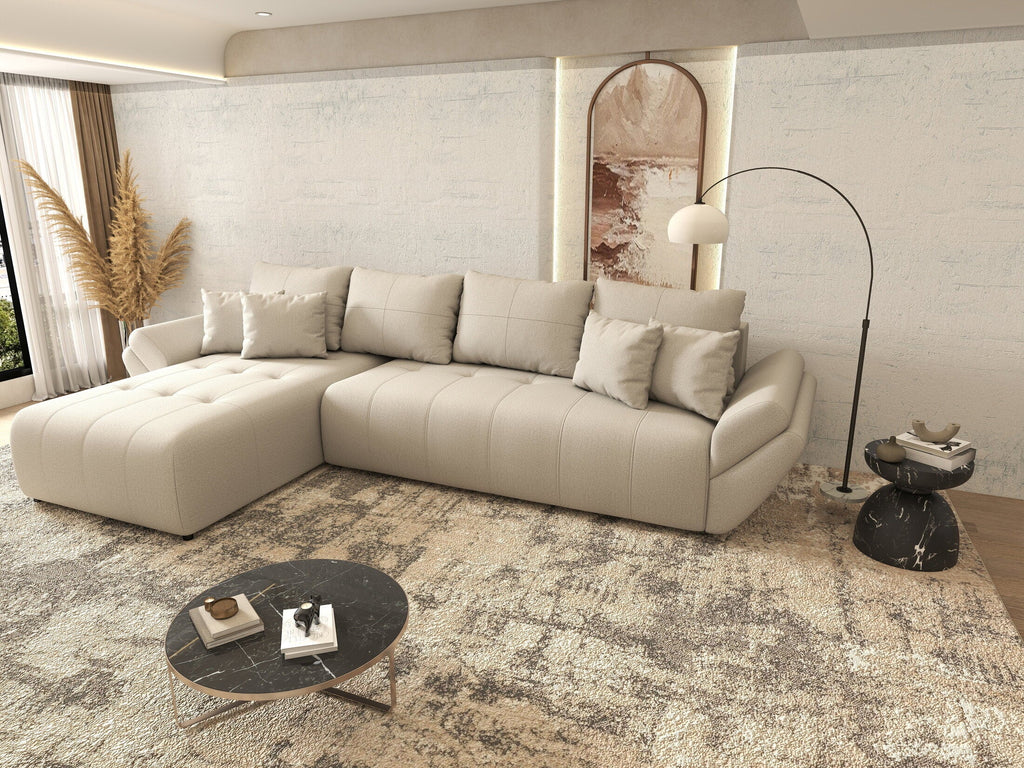 Colțar extensibil dumonde cu ladă de depozitare si sezut confortabil din spuma high-density, Berlin XL Enjoy Beige 350x185 cm