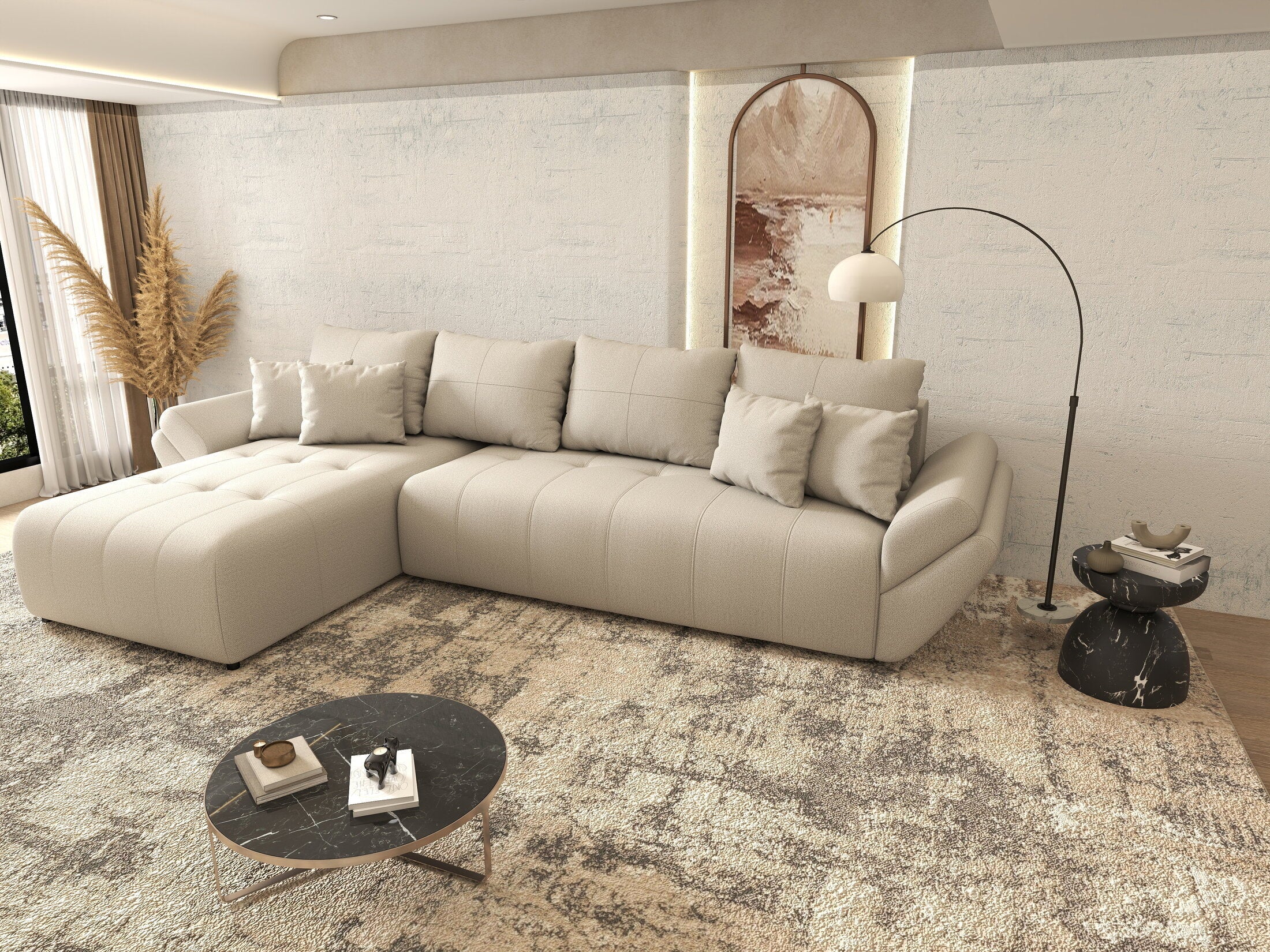 Colțar extensibil dumonde cu ladă de depozitare si sezut confortabil din spuma high-density, Berlin XL Enjoy Beige 350x185 cm