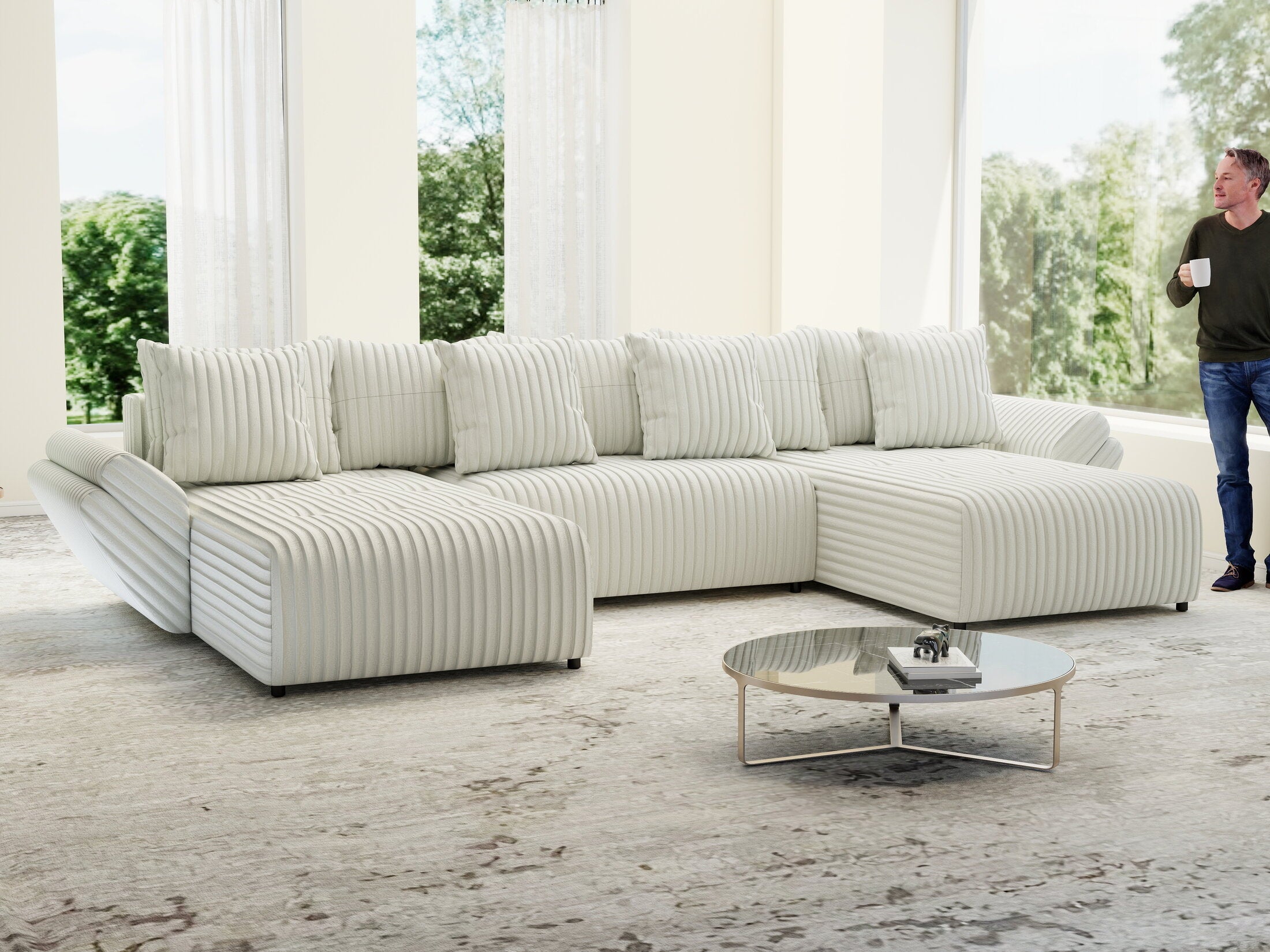 Colțar extensibil dumonde cu ladă de depozitare si sezut confortabil din spuma high-density, Berlin U Ambience Ivory 380x180 cm