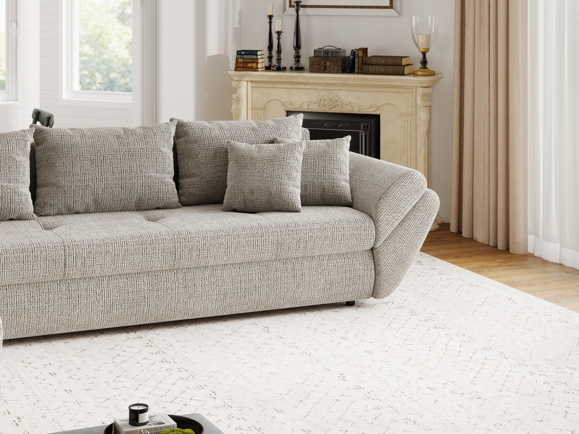 Colțar extensibil dumonde cu ladă de depozitare si sezut confortabil din spuma high-density, Loana XL Cremona Bej 14 335x185 cm
