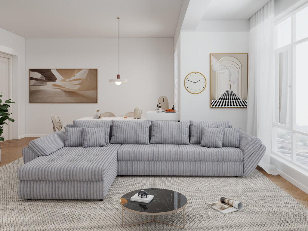 Colțar extensibil dumonde cu ladă de depozitare si sezut confortabil din spuma high-density, Loana XL Tilia Gri 86 335x185 cm