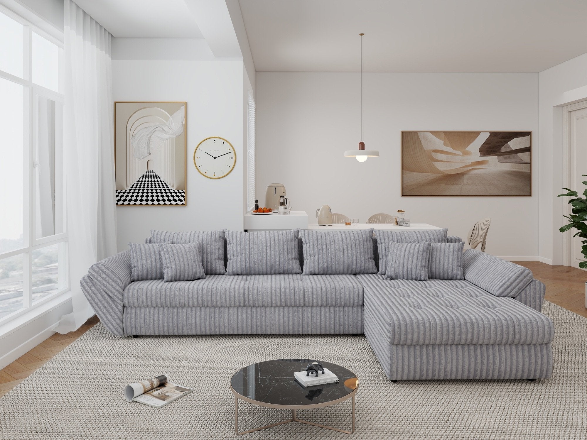 Colțar extensibil dumonde cu ladă de depozitare si sezut confortabil din spuma high-density, Loana XL Tilia Gri 86 II 335x185 cm