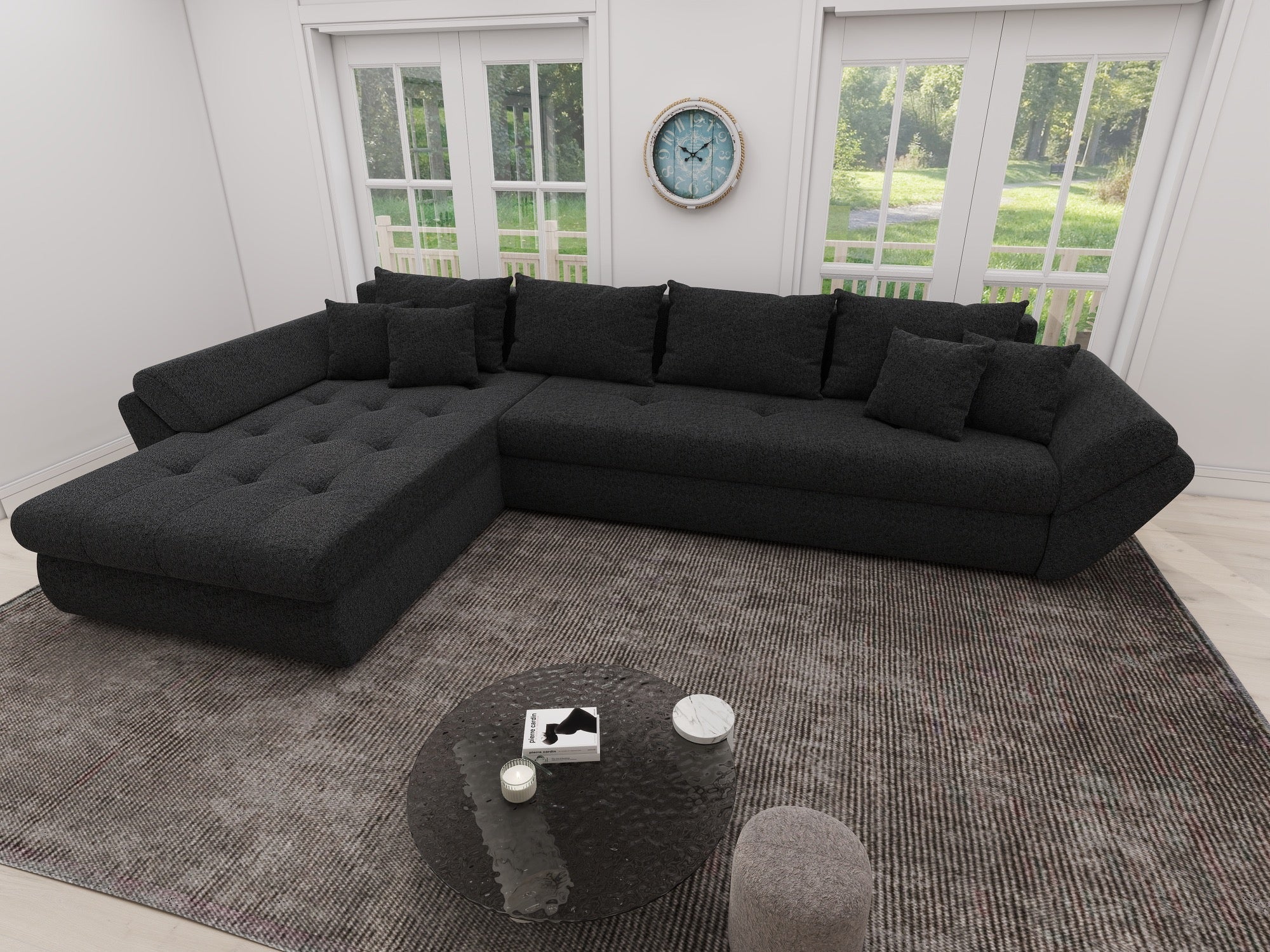 Colțar extensibil dumonde cu ladă de depozitare si sezut confortabil din spuma high-density, Loana XL Quelle Negru 335x185 cm