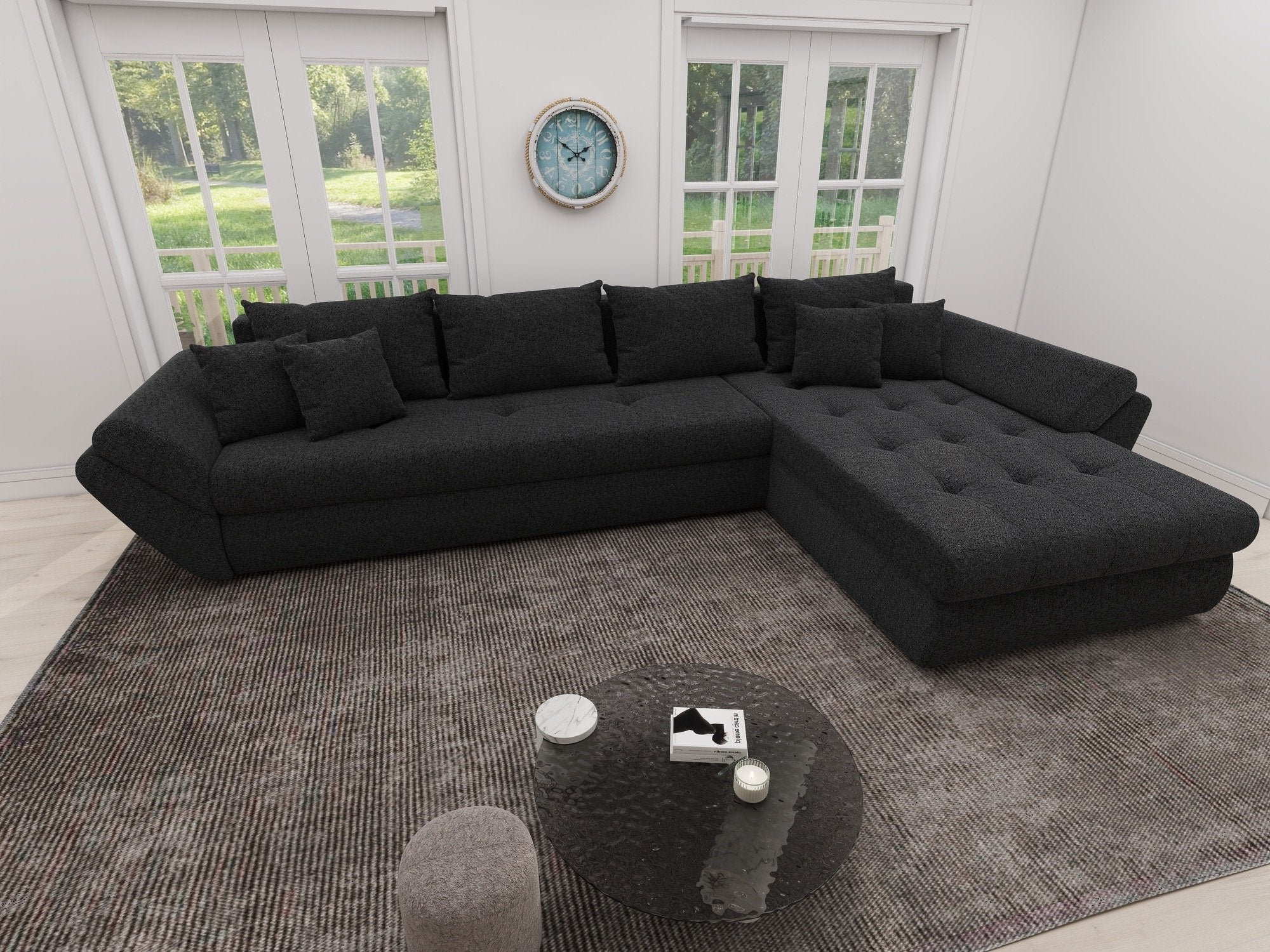 Colțar extensibil dumonde cu ladă de depozitare si sezut confortabil din spuma high-density, Loana XL Quelle Negru II 335x185 cm