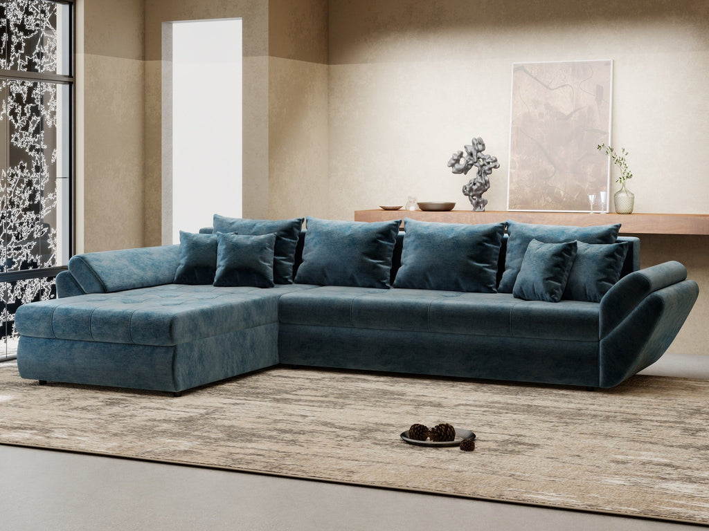 Colțar extensibil dumonde cu ladă de depozitare si sezut confortabil din spuma high-density, Loana XL Monolith Albastru 335x185 cm