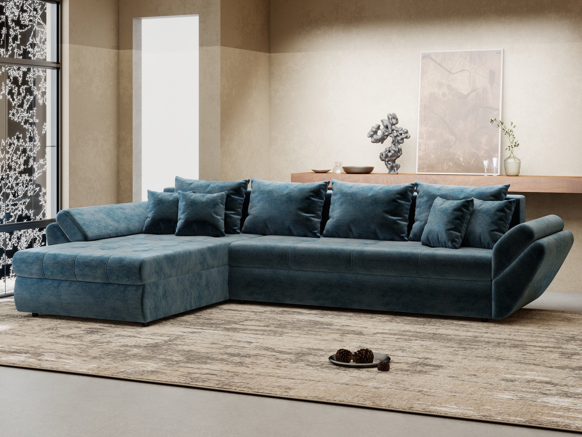 Colțar extensibil dumonde cu ladă de depozitare si sezut confortabil din spuma high-density, Loana XL Monolith Albastru 335x185 cm