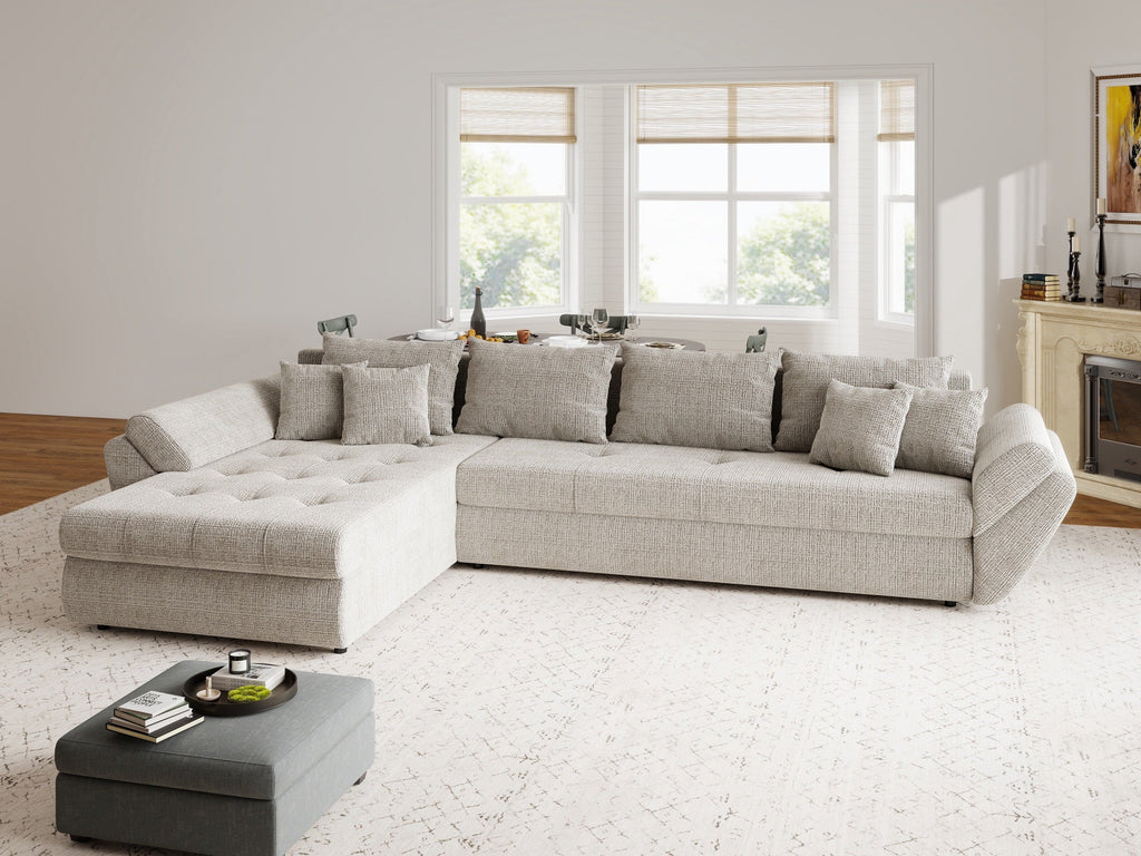 Colțar extensibil dumonde cu ladă de depozitare si sezut confortabil din spuma high-density, Loana XL Cremona Bej 14 335x185 cm