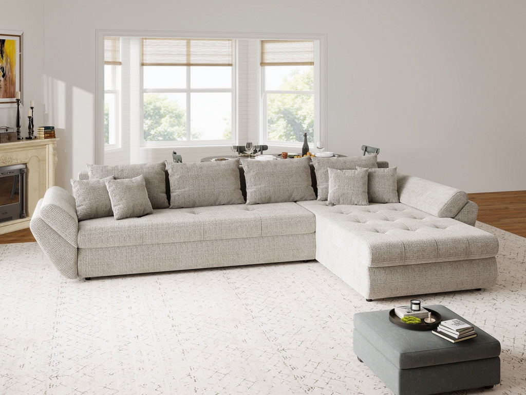 Colțar extensibil dumonde cu ladă de depozitare si sezut confortabil din spuma high-density, Loana XL Cremona Bej 14 II 335x185 cm