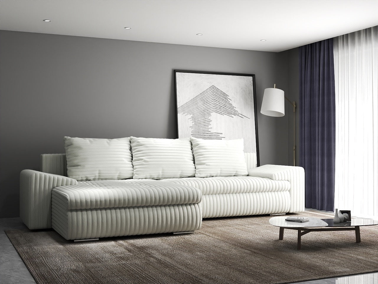 Colțar extensibil dumonde cu ladă de depozitare si sezut confortabil din spuma high-density, Leonardo Ambience Ivory 260x185 cm
