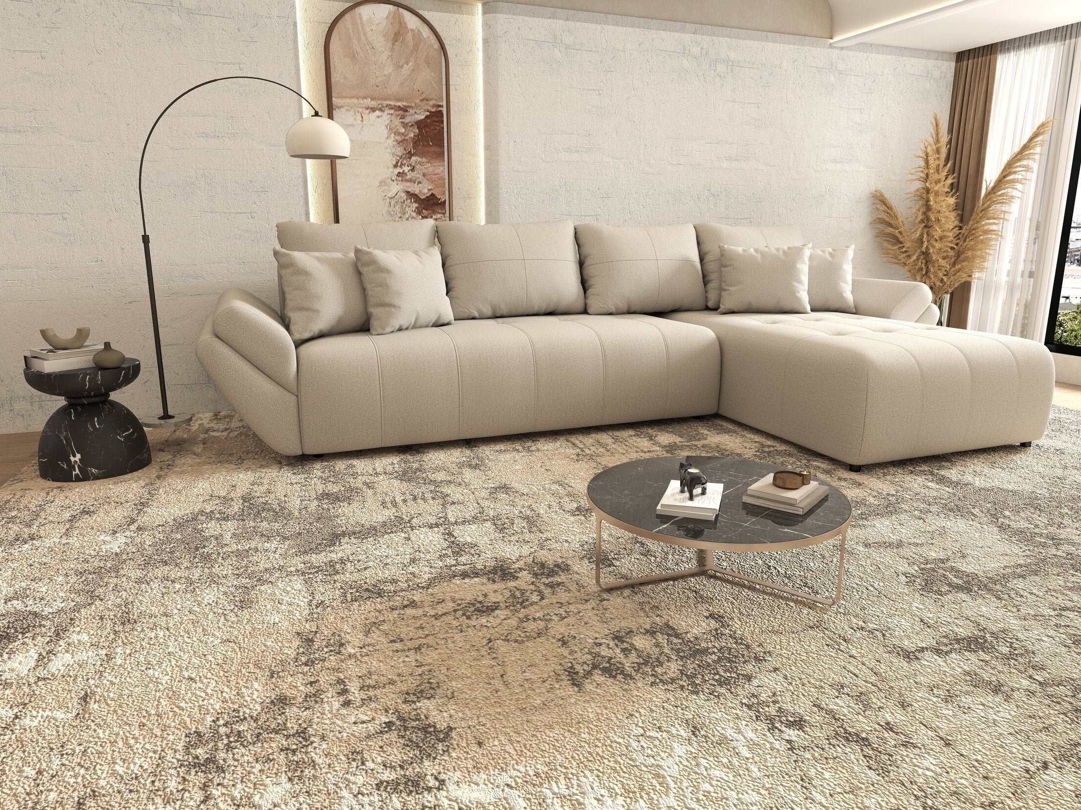 Colțar extensibil dumonde cu ladă de depozitare si sezut confortabil din spuma high-density, Berlin XL Enjoy Beige 350x185 cm II