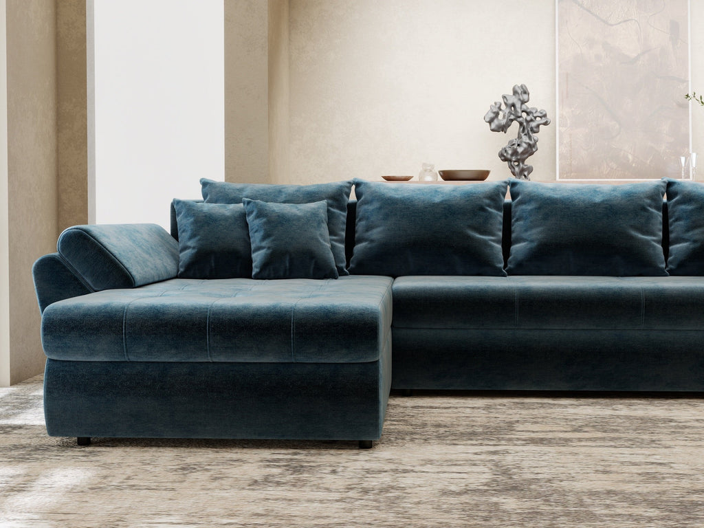 Colțar extensibil dumonde cu ladă de depozitare si sezut confortabil din spuma high-density, Loana XL Monolith Albastru 335x185 cm