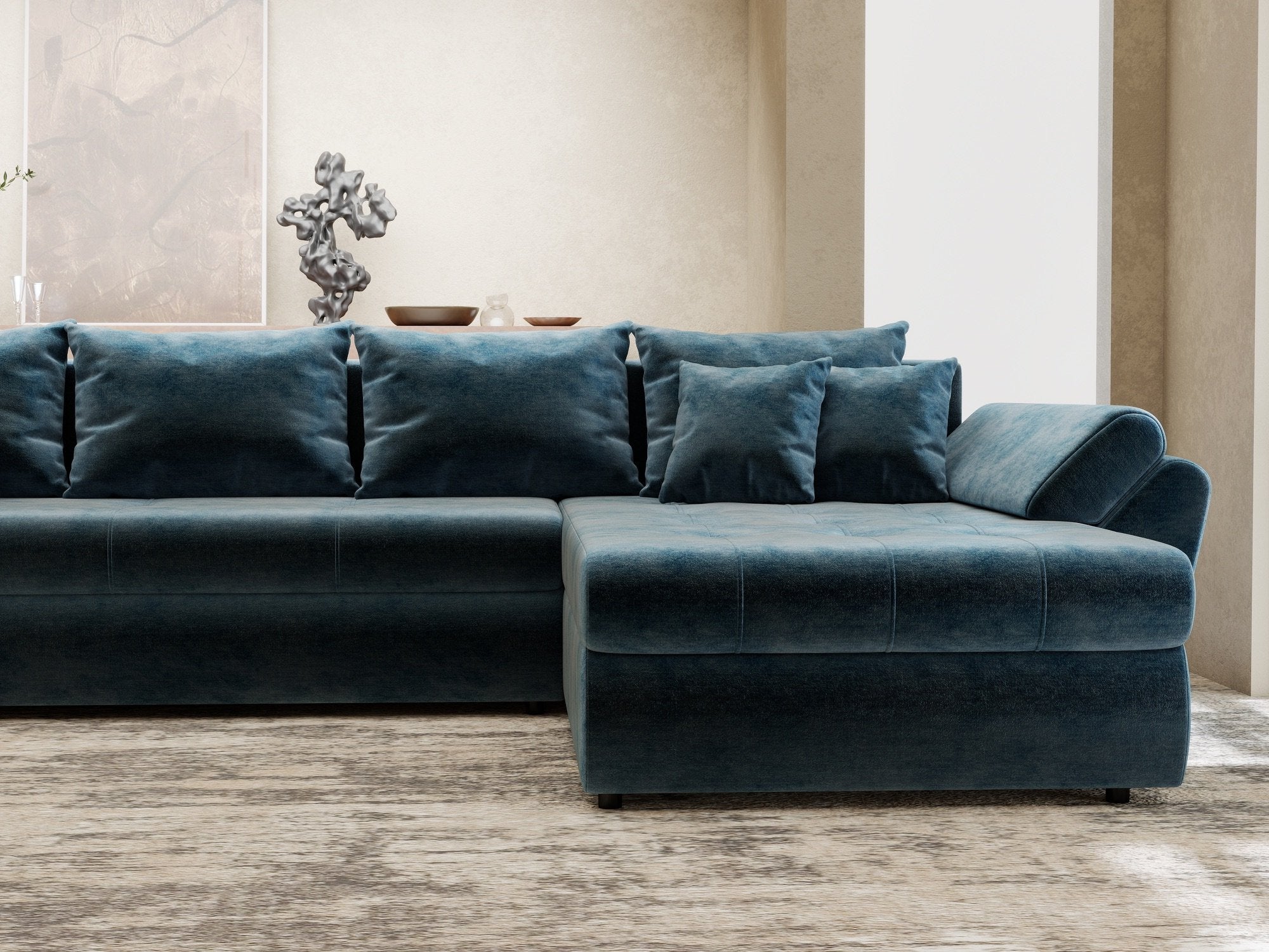 Colțar extensibil dumonde cu ladă de depozitare si sezut confortabil din spuma high-density, Loana XL Monolith Albastru II 335x185 cm