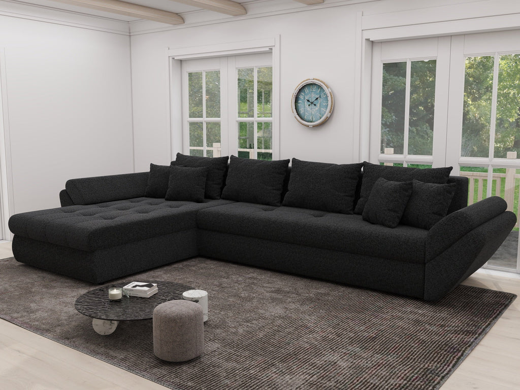 Colțar extensibil dumonde cu ladă de depozitare si sezut confortabil din spuma high-density, Loana XL Quelle Negru 335x185 cm