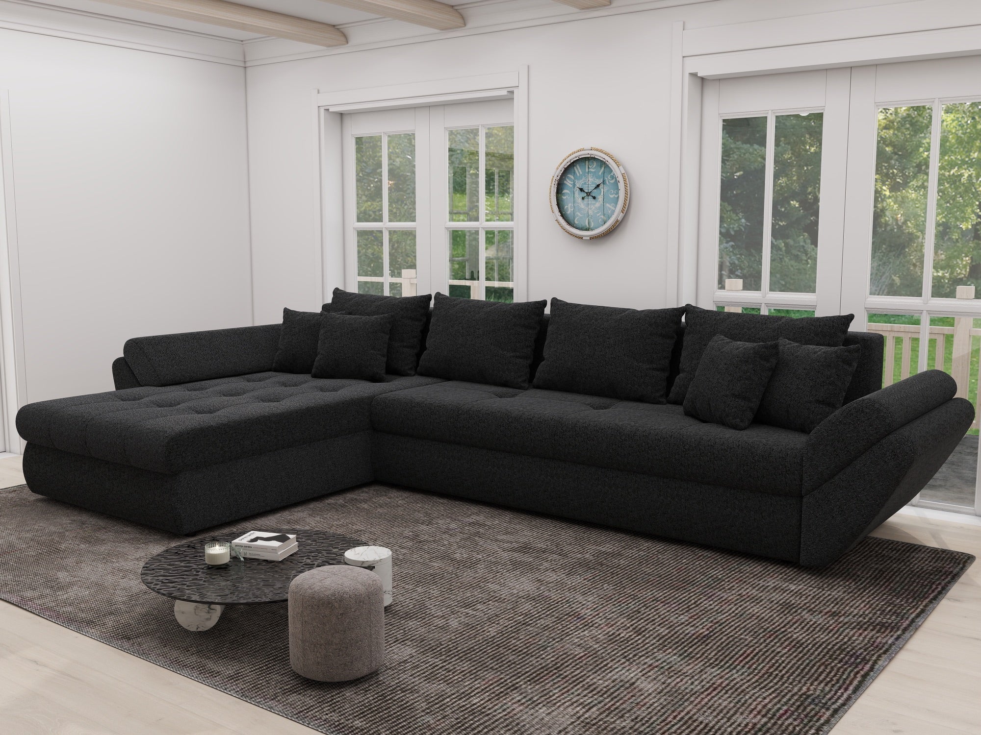 Colțar extensibil dumonde cu ladă de depozitare si sezut confortabil din spuma high-density, Loana XL Quelle Negru 335x185 cm