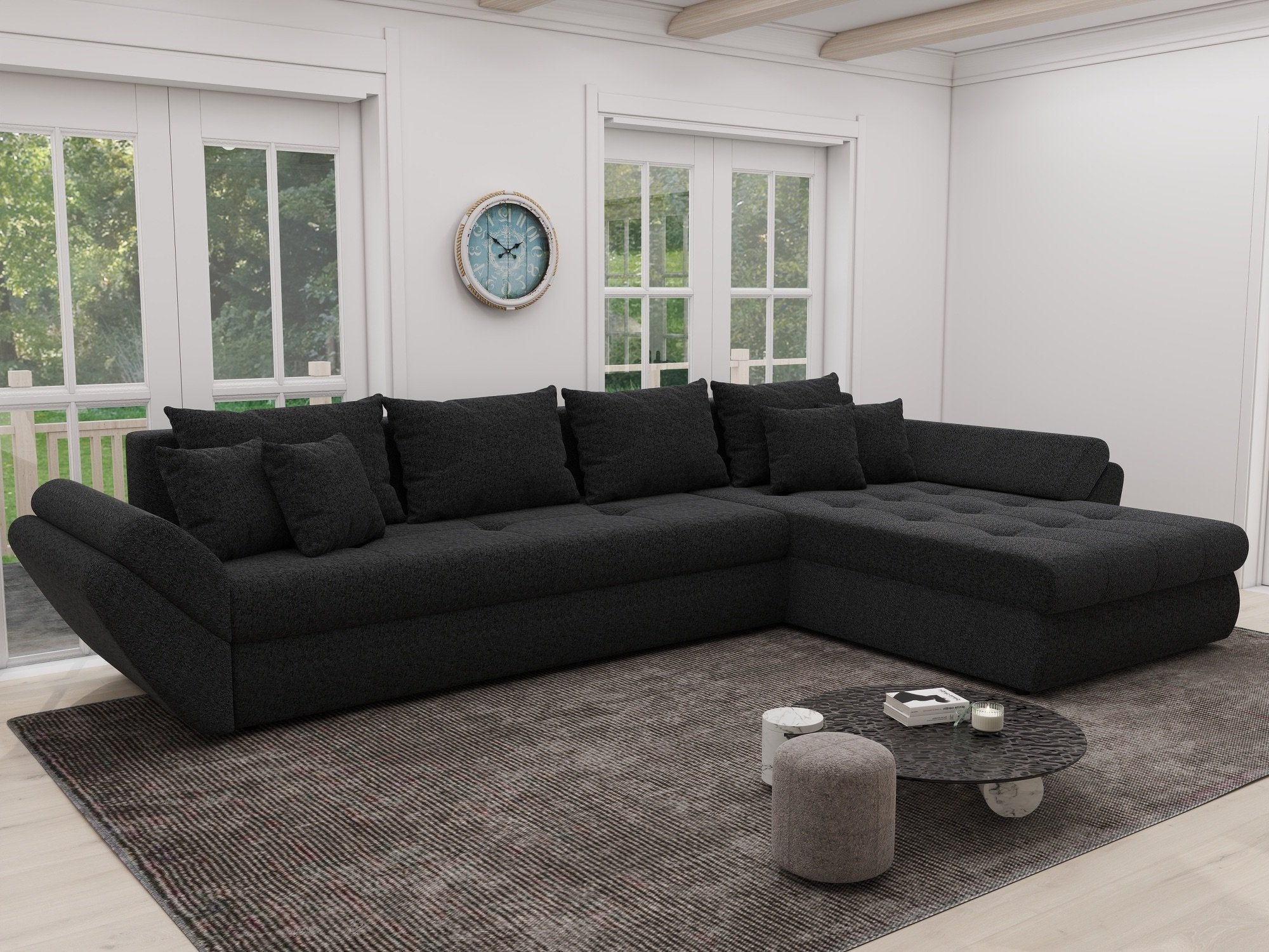 Colțar extensibil dumonde cu ladă de depozitare si sezut confortabil din spuma high-density, Loana XL Quelle Negru II 335x185 cm