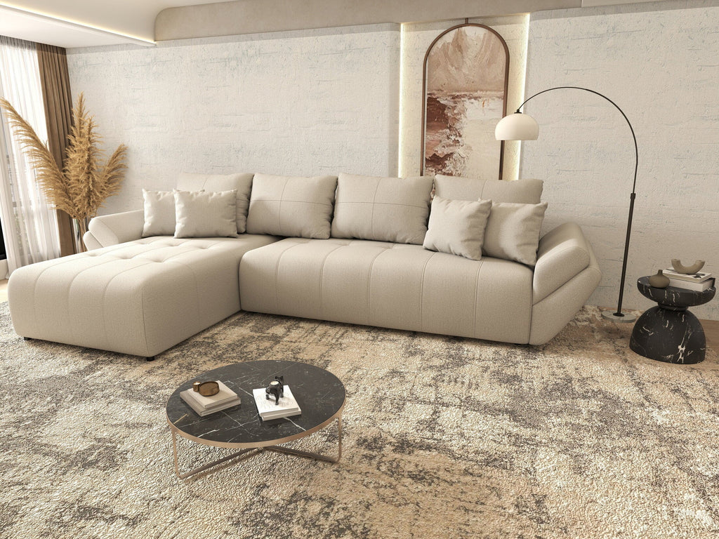 Colțar extensibil dumonde cu ladă de depozitare si sezut confortabil din spuma high-density, Berlin XL Enjoy Beige 350x185 cm
