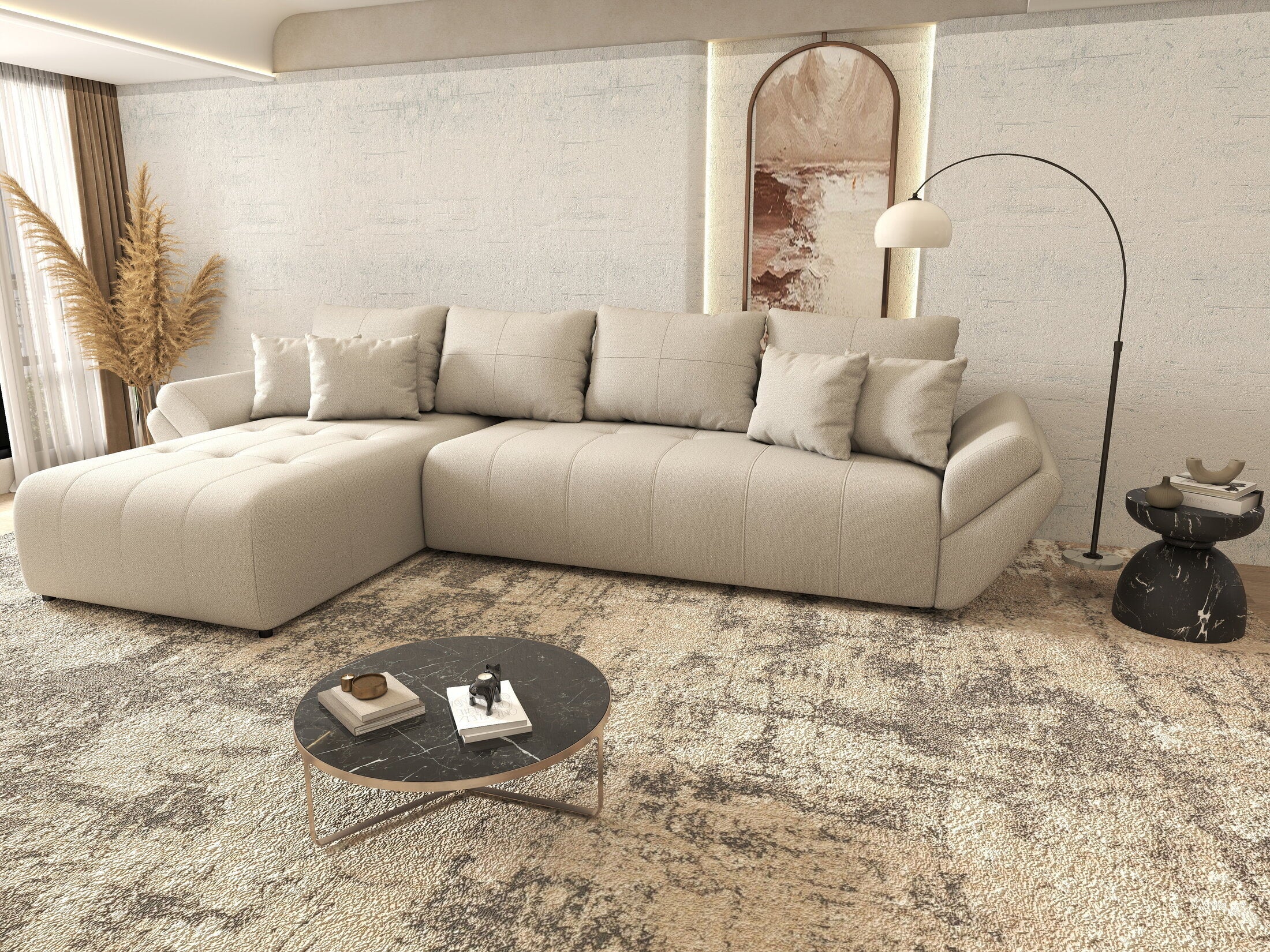 Colțar extensibil dumonde cu ladă de depozitare si sezut confortabil din spuma high-density, Berlin XL Enjoy Beige 350x185 cm