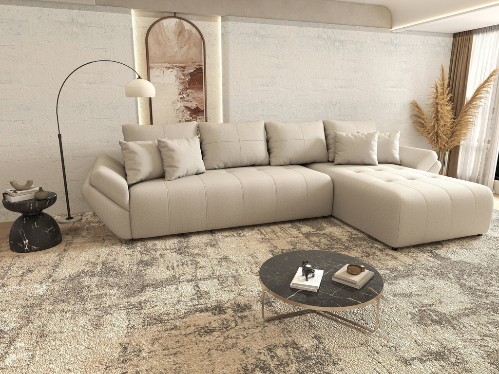 Colțar extensibil dumonde cu ladă de depozitare si sezut confortabil din spuma high-density, Berlin XL Enjoy Beige 350x185 cm II