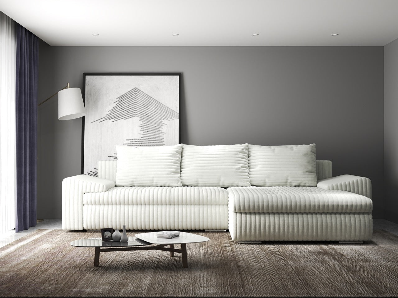 Colțar extensibil dumonde cu ladă de depozitare si sezut confortabil din spuma high-density, Leonardo Ambience Ivory 260x185 cm II