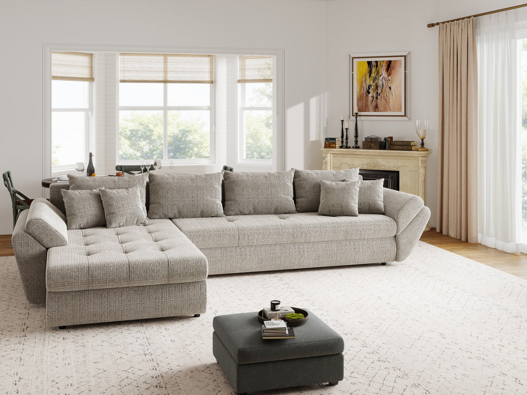 Colțar extensibil dumonde cu ladă de depozitare si sezut confortabil din spuma high-density, Loana XL Cremona Bej 14 335x185 cm