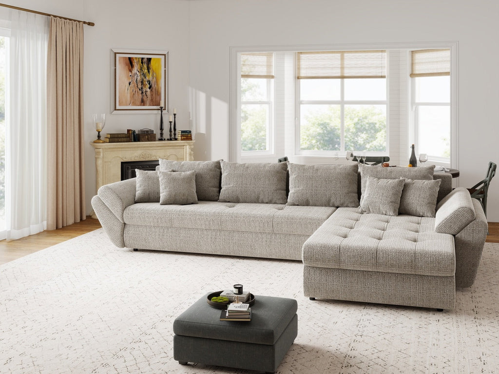 Colțar extensibil dumonde cu ladă de depozitare si sezut confortabil din spuma high-density, Loana XL Cremona Bej 14 II 335x185 cm