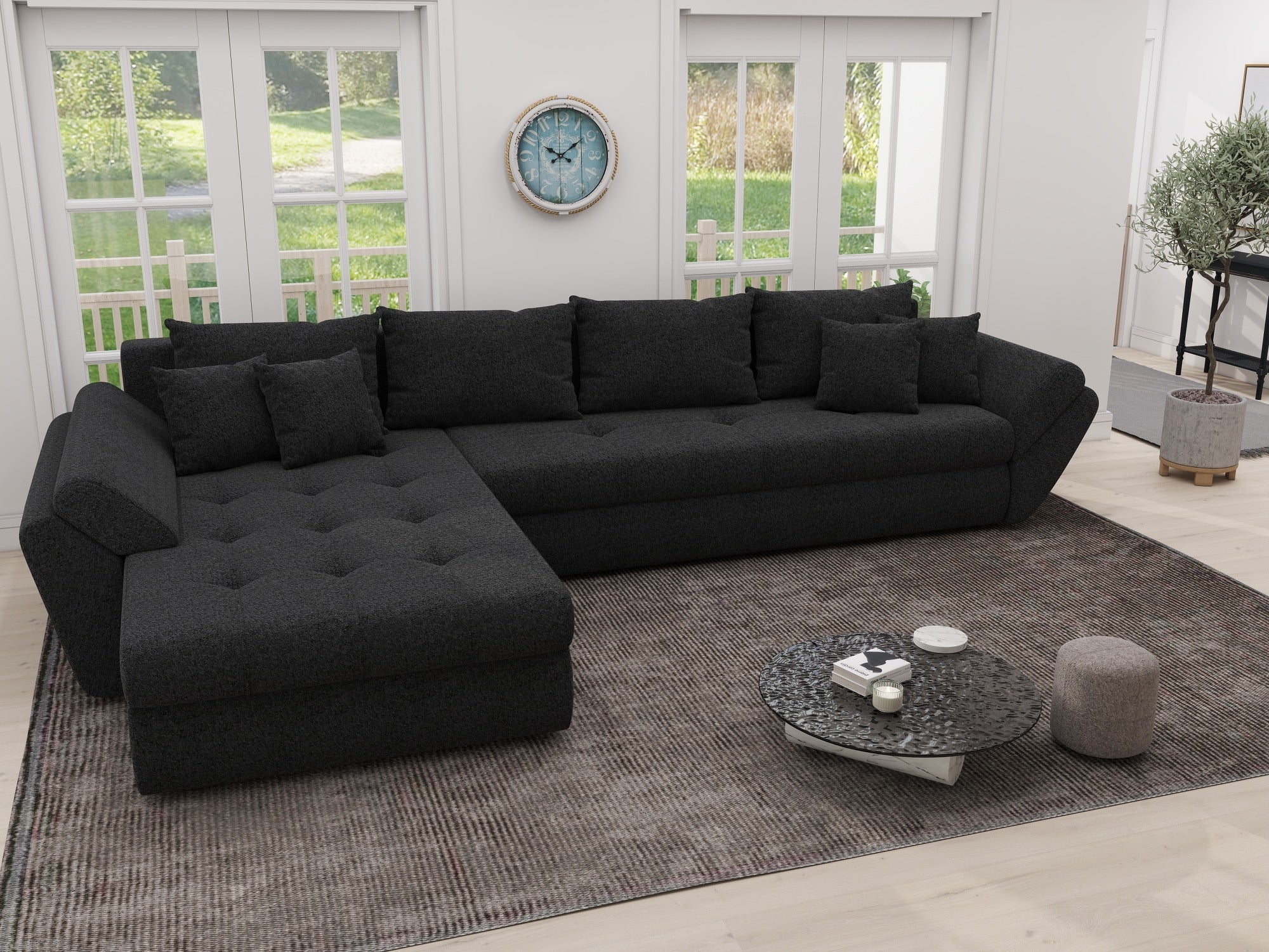 Colțar extensibil dumonde cu ladă de depozitare si sezut confortabil din spuma high-density, Loana XL Quelle Negru 335x185 cm