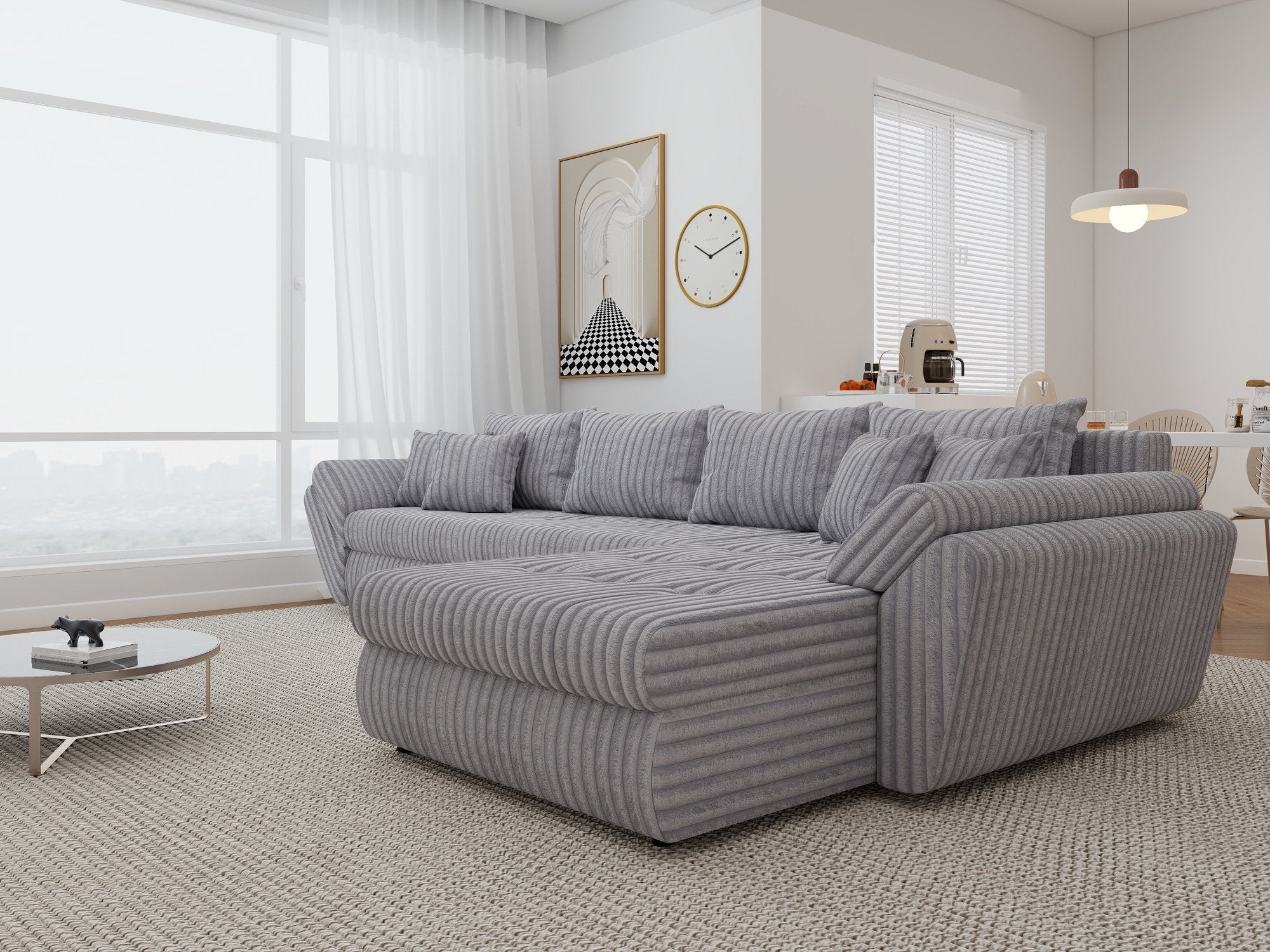 Colțar extensibil dumonde cu ladă de depozitare si sezut confortabil din spuma high-density, Loana XL Tilia Gri 86 II 335x185 cm