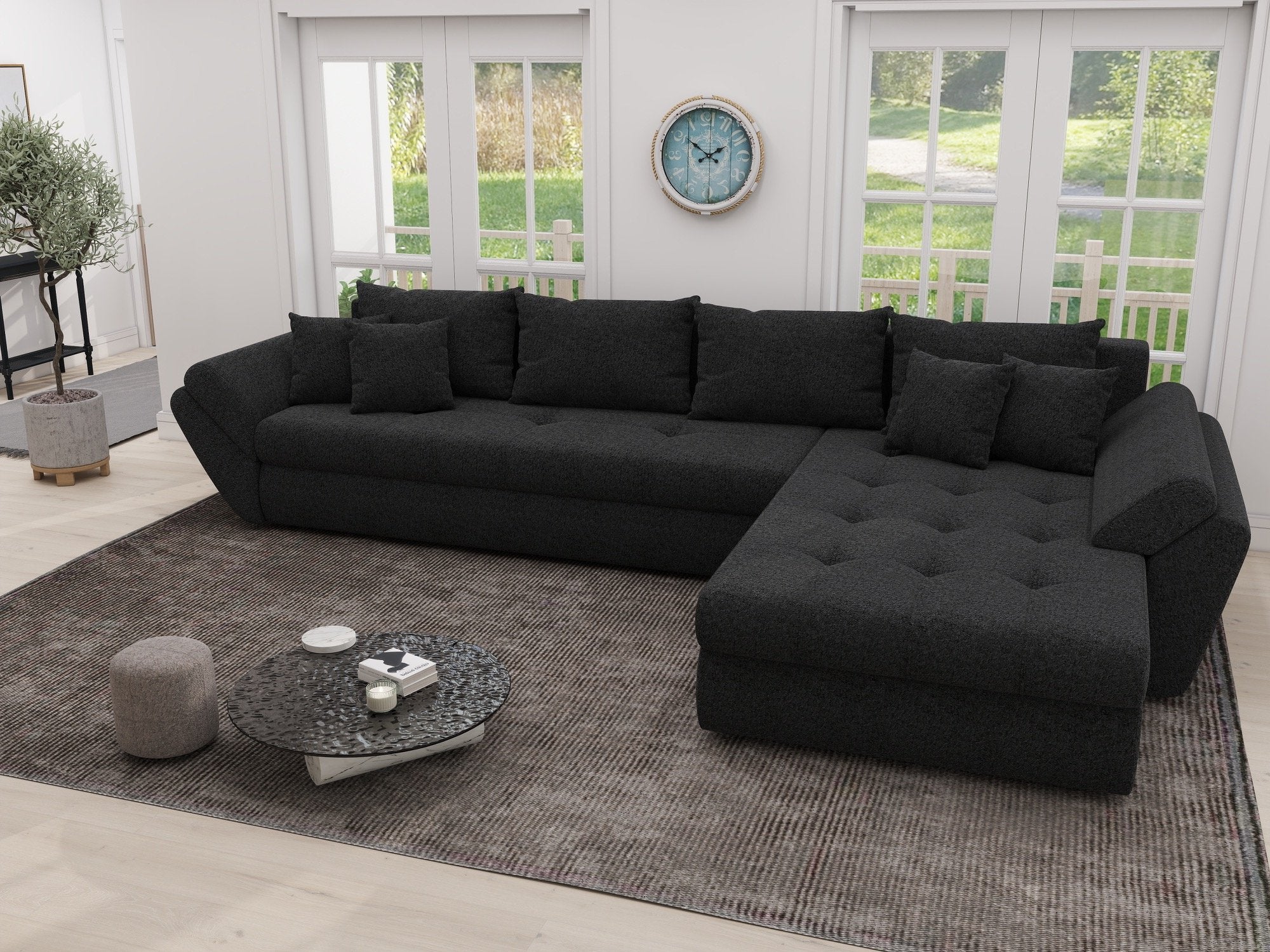 Colțar extensibil dumonde cu ladă de depozitare si sezut confortabil din spuma high-density, Loana XL Quelle Negru II 335x185 cm