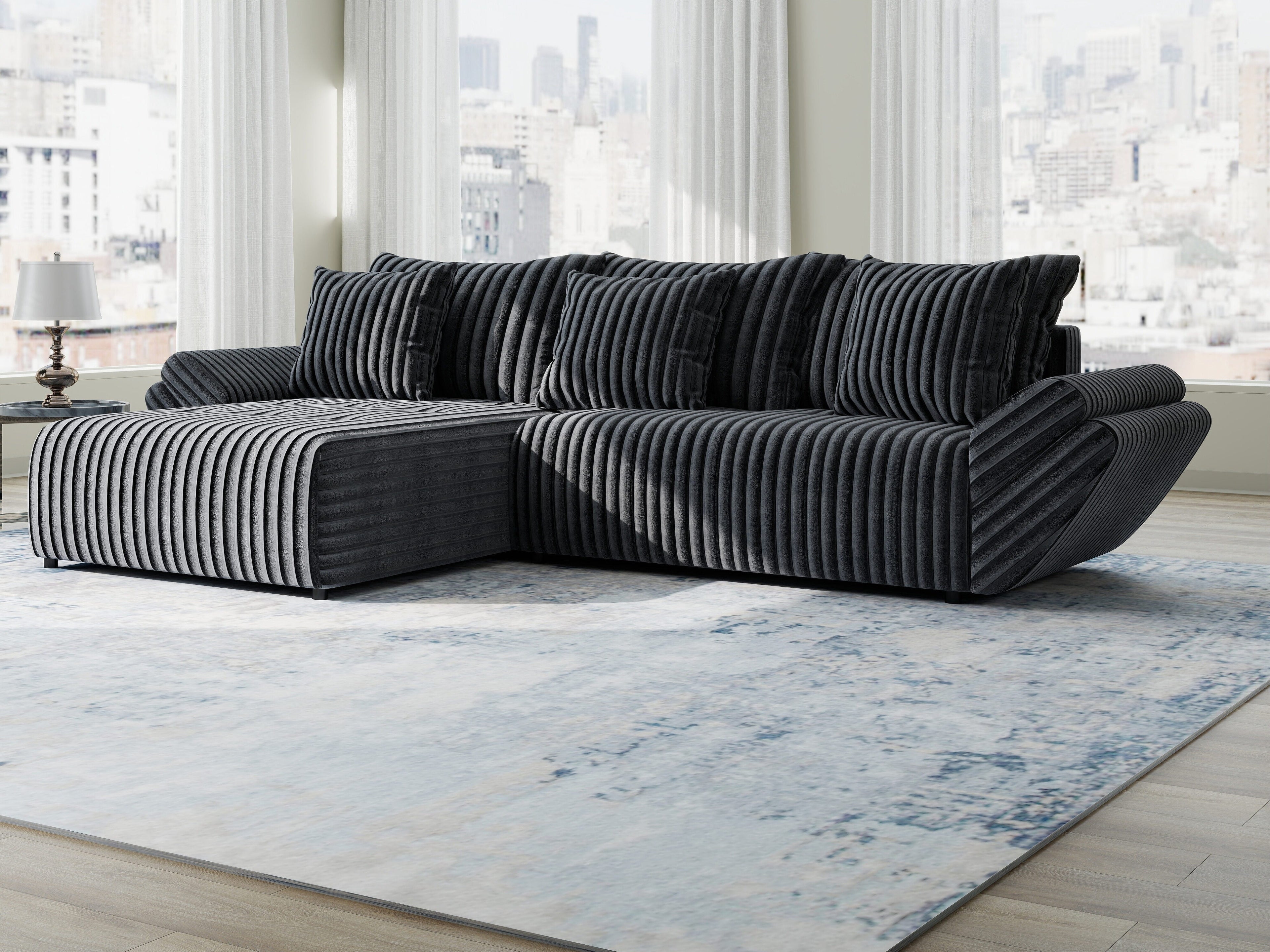 Colțar extensibil dumonde cu ladă de depozitare si sezut confortabil din spuma high-density, Berlin Ambience Gri 280x185 cm