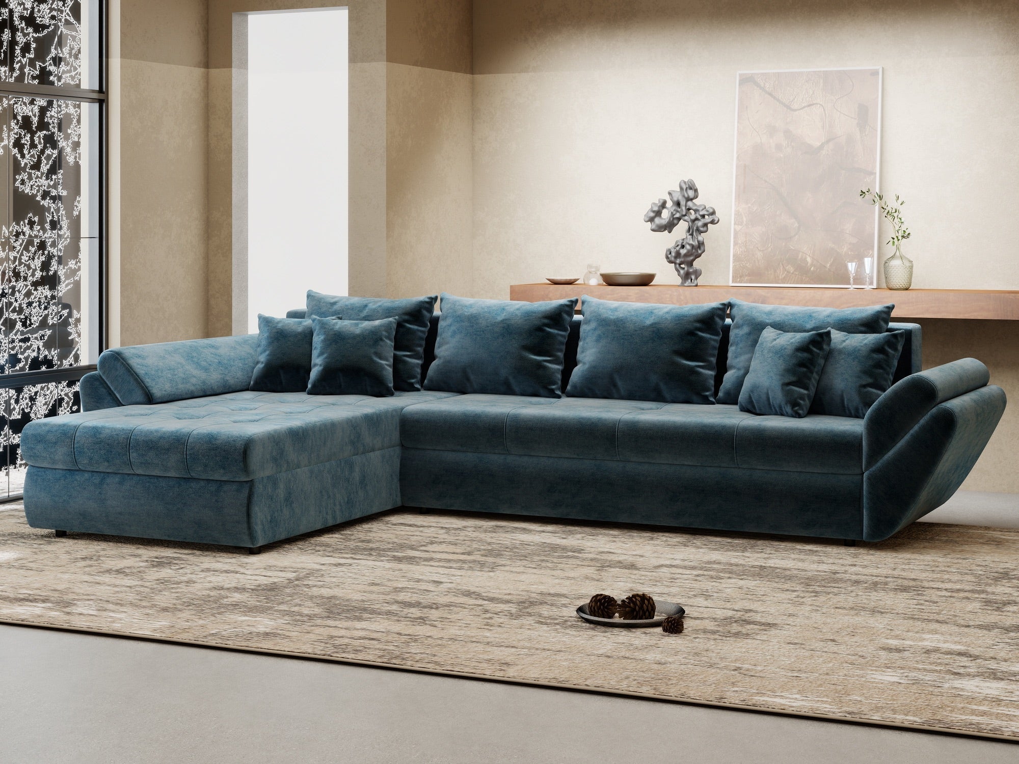 Colțar extensibil dumonde cu ladă de depozitare si sezut confortabil din spuma high-density, Loana XL Monolith Albastru 335x185 cm