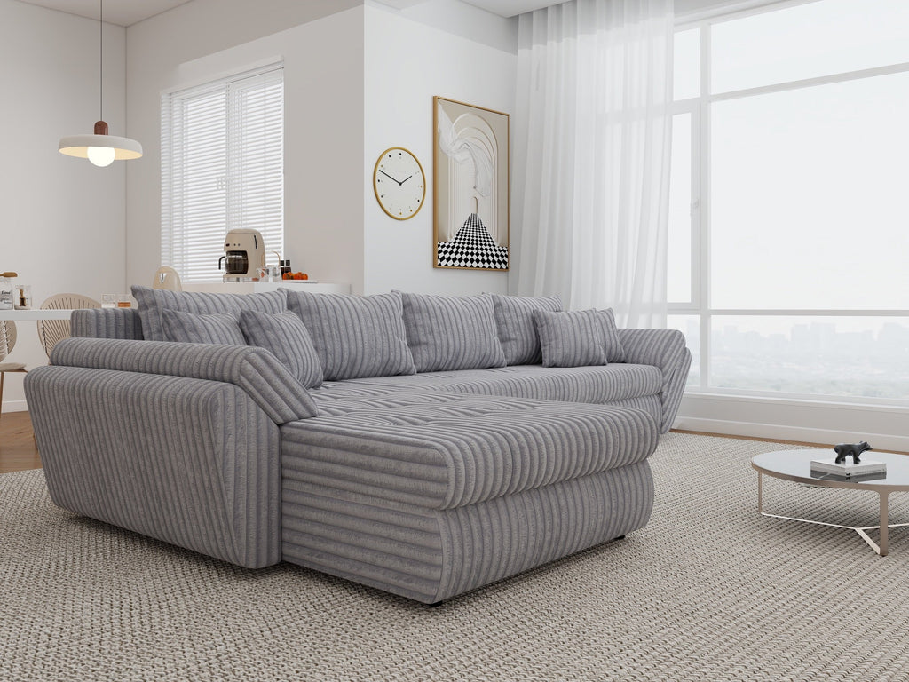 Colțar extensibil dumonde cu ladă de depozitare si sezut confortabil din spuma high-density, Loana XL Tilia Gri 86 335x185 cm