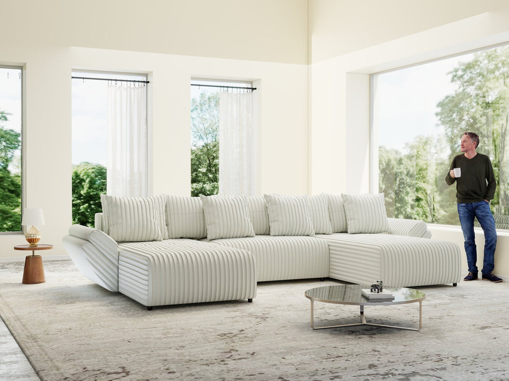 Colțar extensibil dumonde cu ladă de depozitare si sezut confortabil din spuma high-density, Berlin U Ambience Ivory 380x180 cm
